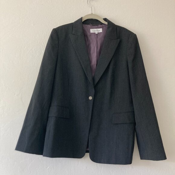 Calvin Klein Wool Blend Black Pinstripe Blazer Office Classic Minimalist Size 14 - Picture 1 of 14
